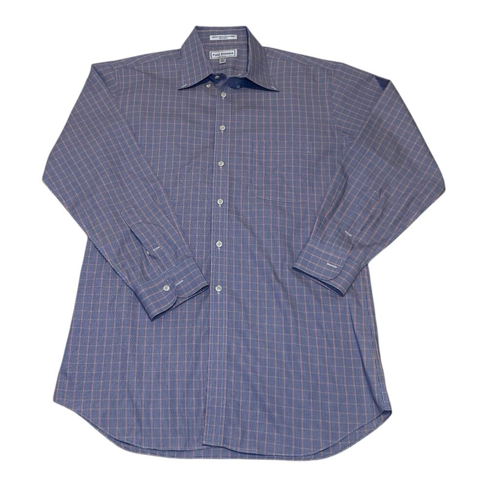 Paul Fredrick Men’s Dress Shirt 16.5 X 33 Non-iron Blue & Orange Cotton Plaid
